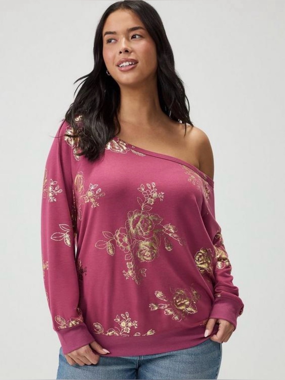 Torrid Callie Off-Shoulder Sweatshirt, Solo Floral Plum, Size 3 (3X 22-24), NWT